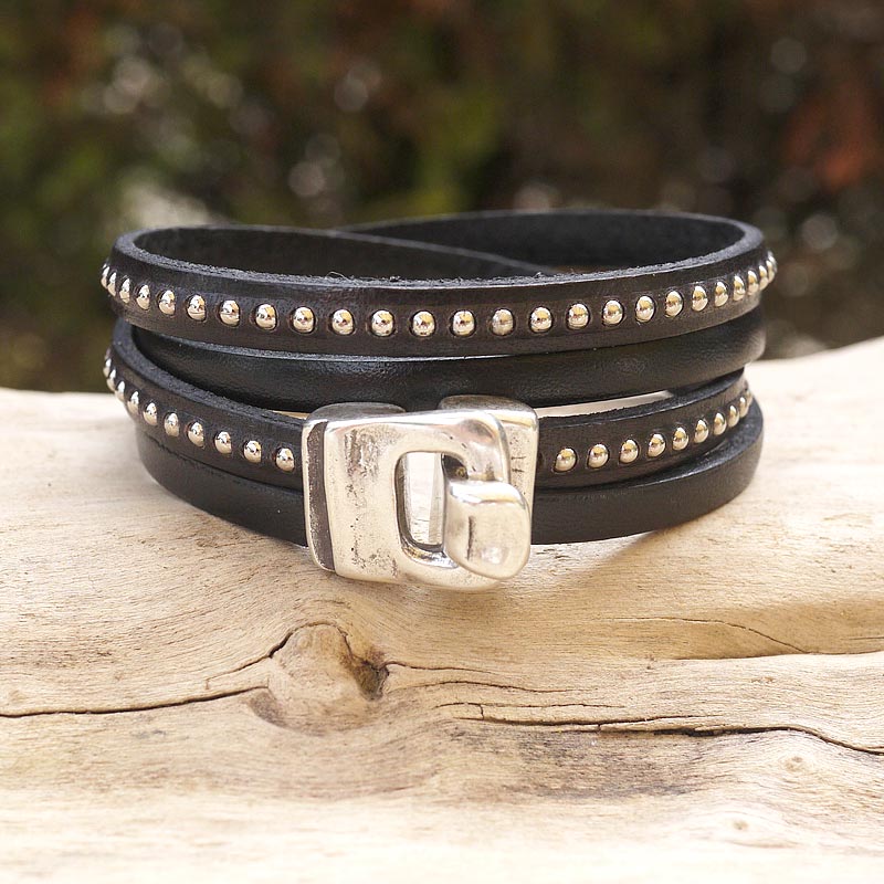 Bracelet cuir billes argent fermoir crochet - Noir