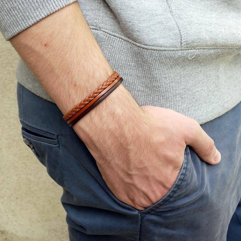 Bracelet cuir artisanal homme manchette 3 lanières marron - FiFi brin de  cuir