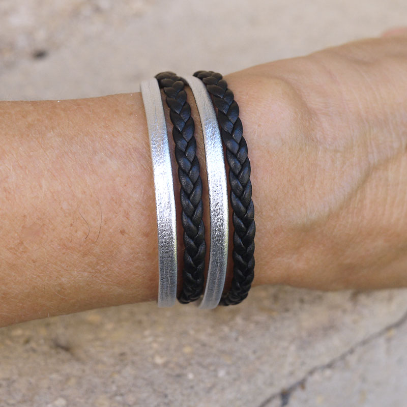 Bracelet cuir femme artisanal Scarlett argent - FiFi brin de cuir
