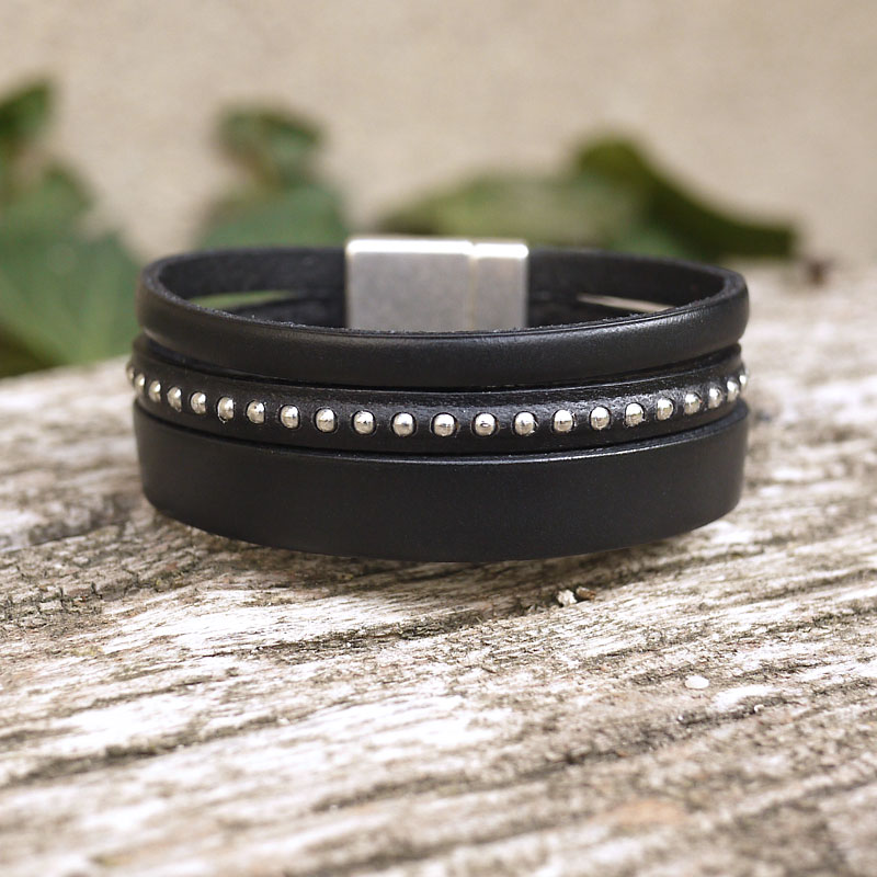 Bracelet cuir Manchette billes argent - Noir