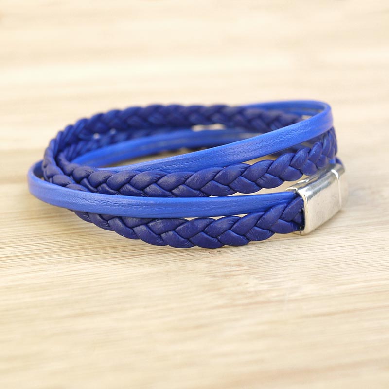 Bracelet Collection MiX - cuir tressé italien bleu clair - diamètre 5mm -  longueur 9,25cm + cuir italien impressi…