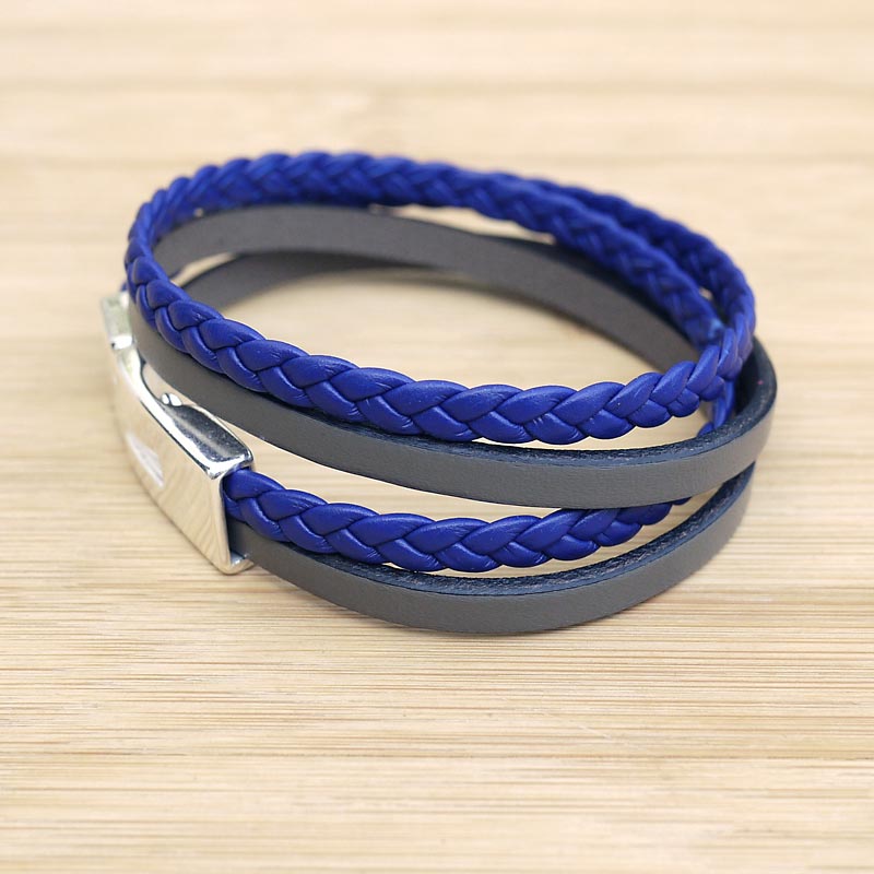 Bracelet cuir tressé pour homme 2 lanières bleu et gris fermoir