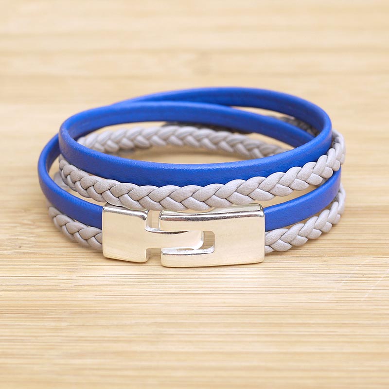 Bracelet cuir artisanal femme cuir tressé 2 lanières bleu - FiFi