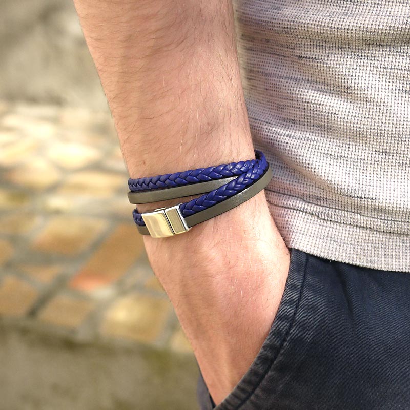 Bracelet cuir tressé pour homme 2 lanières bleu et gris fermoir