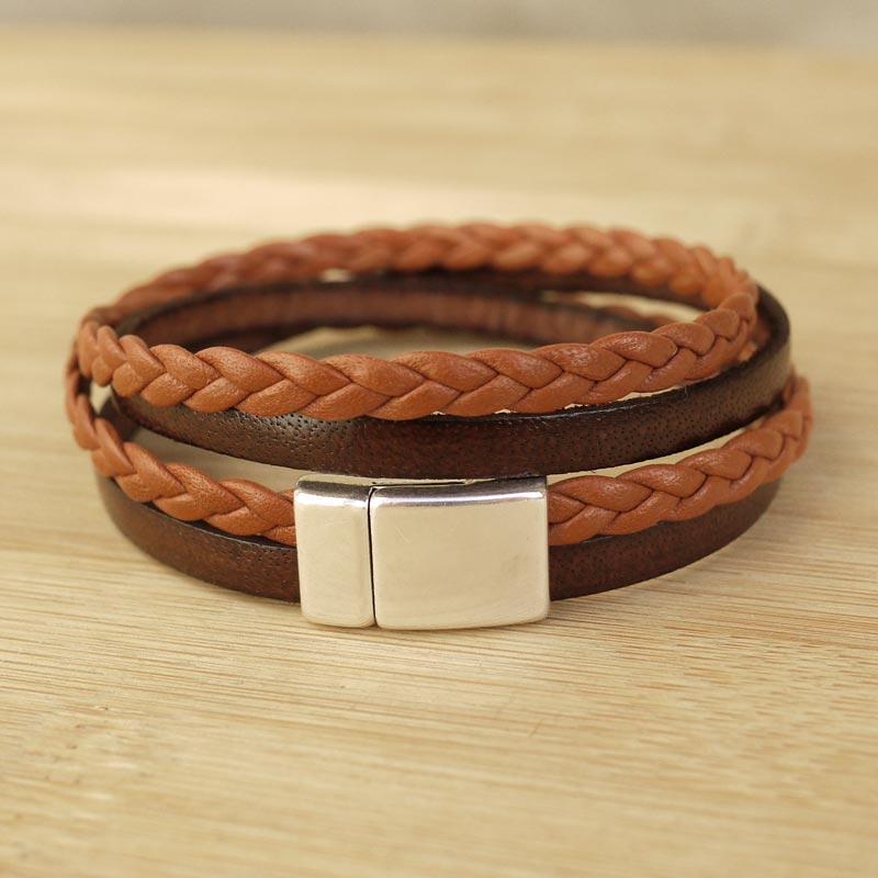 Bracelet Cuir Corde Tressée Marron Fermoir Argenté Luxe Mode pour