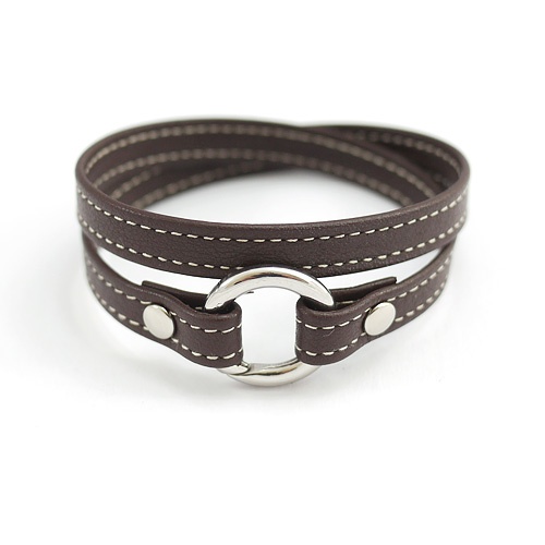 Bracelet cuir artisanal cousu marron fermoir porte-clé en acier inoxidable